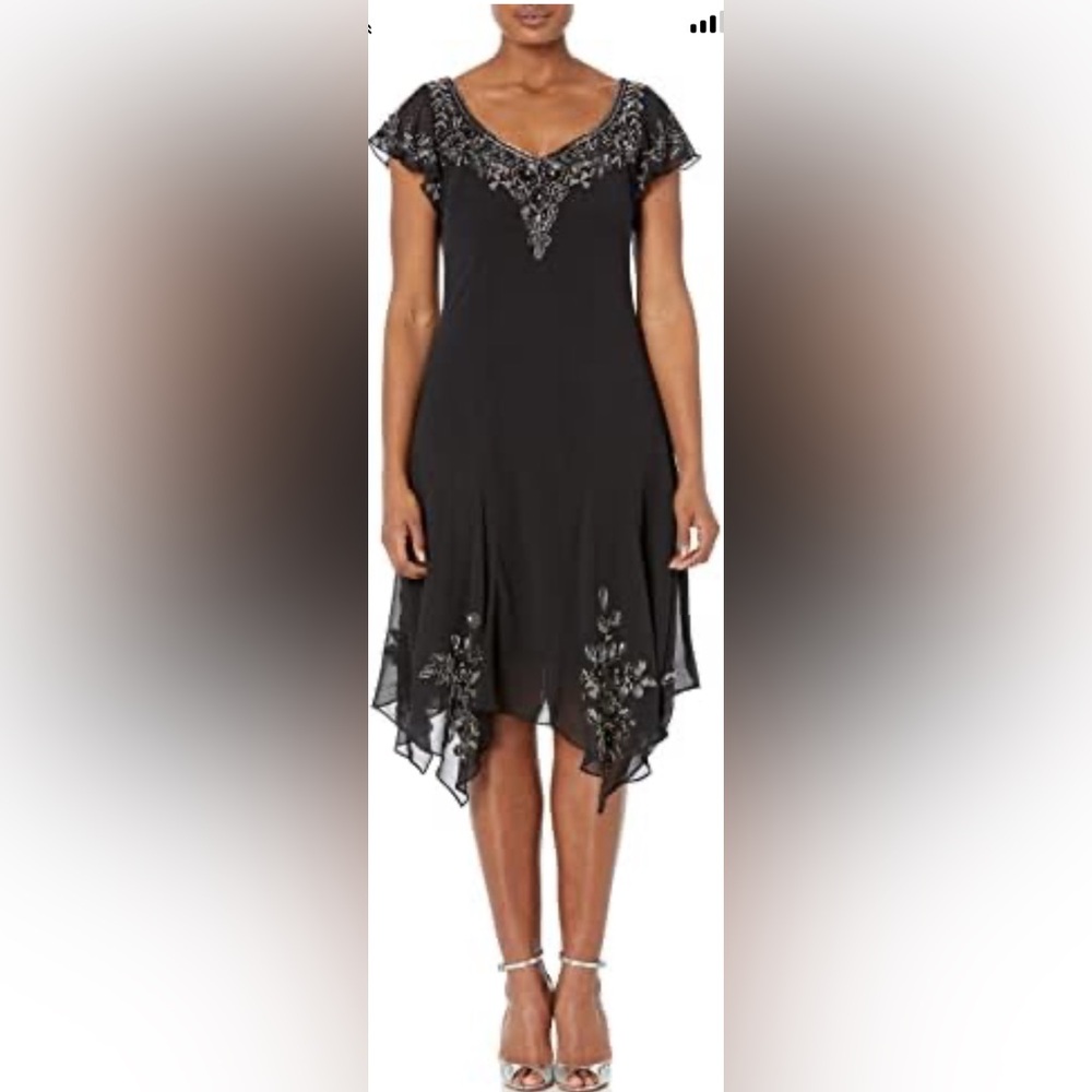 J Kara Women's Flutter Sleeve Hanky Hem Short Cocktail Beaded Dress 16